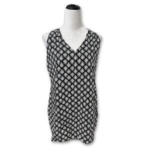 Shift Dress Floral Print Sleeveless Keyhole Neck Rayon Pullover Black/White W L
